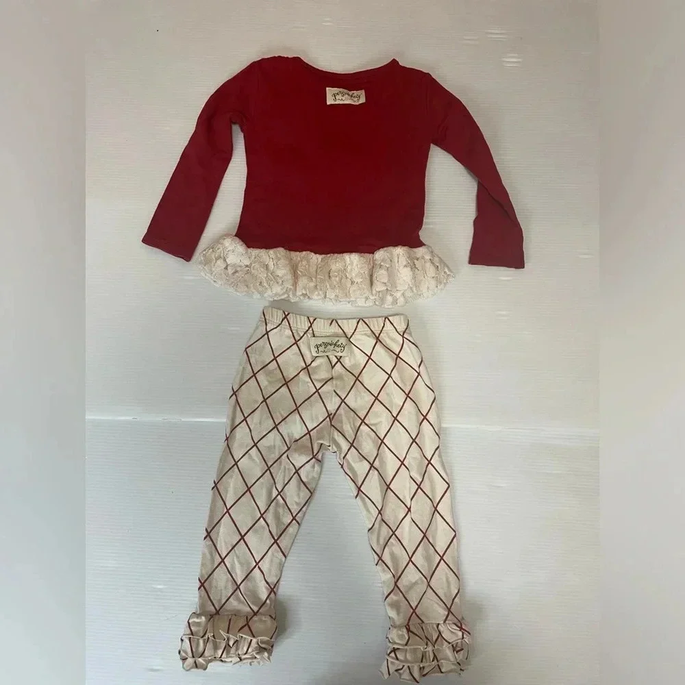 Persnickety Ruffle Red Striped Pant And Red Lou Lou Peplum Top Set SZ 12-24 Mon